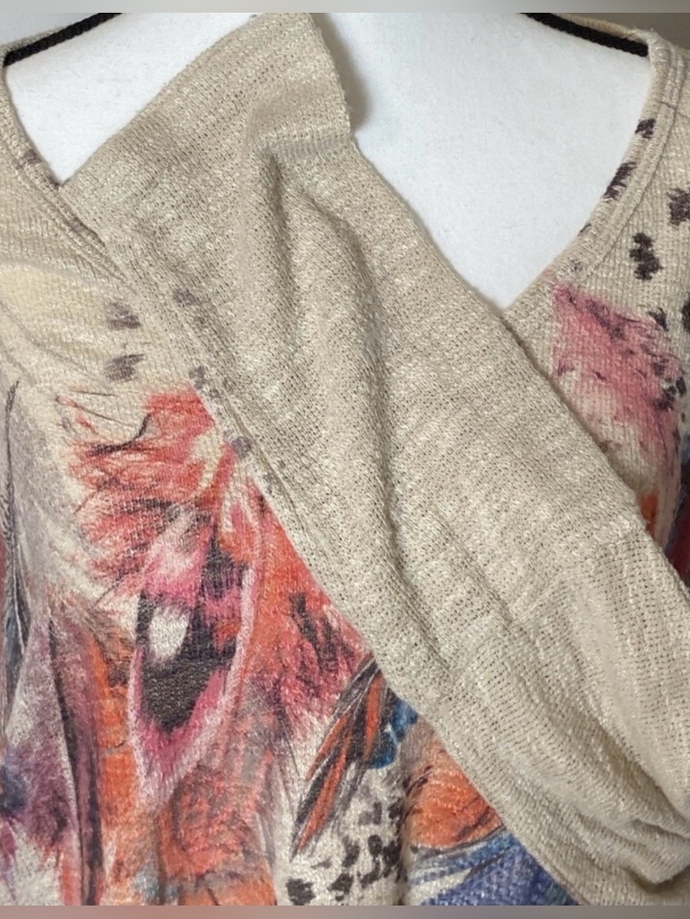 Vintage Feather & Cheetah Print Knit V Neck Slouchy Top Made in USA Large-XL - Picture 2 of 10